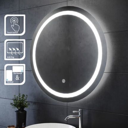 SIRHONA 60-80cm Miroir de Salle de Bain à LED Rond Anti-buée avec éclairage intégré Blanc Froid Miroir Rond Mural - SIRHONA