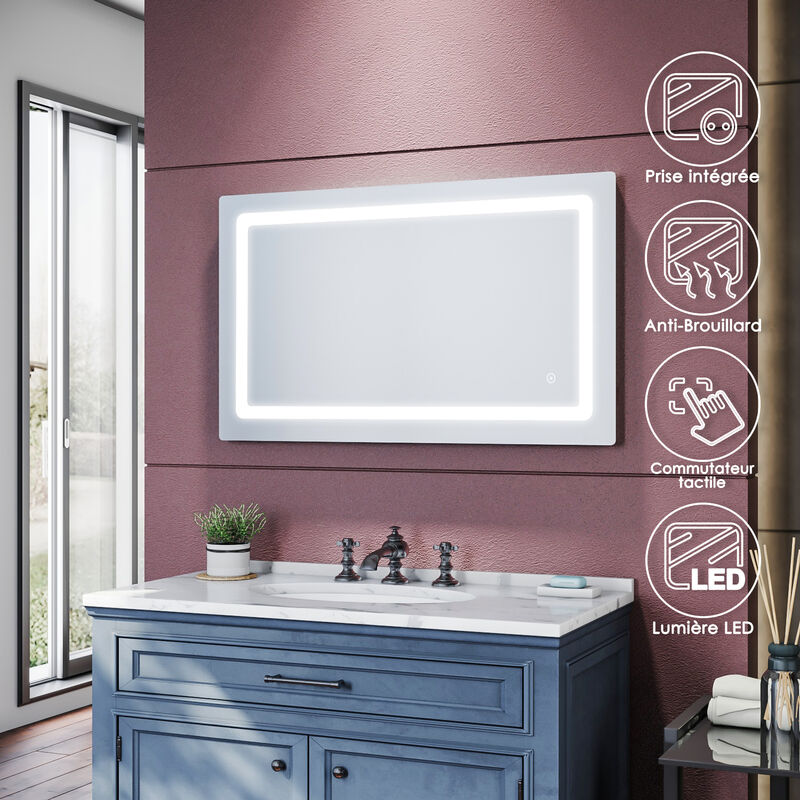 SIRHONA Miroir de salle de bains - Miroirs cosmétiques muraux - Miroir avec led illumination - Anti-buée avec éclairage led - Avec prise rasoir - lnterrupteur tactile 1000 x 600 x 35mm - SIRHONA