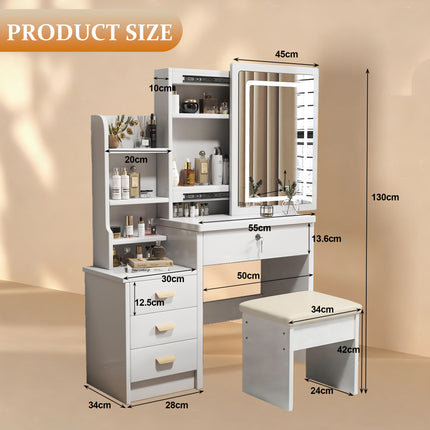 Coiffeuse élégante avec miroir et éclairage, comprenant un tabouret moelleux, un miroir de maquillage éclairé, blanche, 85x36x130cm