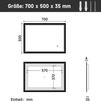 SIRHONA miroir de salle de bain 70x50cm avec éclairage antibuée miroir de salle de bain LED avec interrupteur mural - SIRHONA