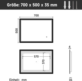 SIRHONA miroir de salle de bain 70x50cm avec éclairage antibuée miroir de salle de bain LED avec interrupteur mural - SIRHONA