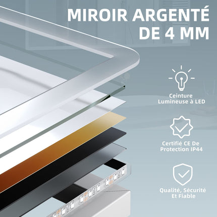 SIRHONA Miroir LED Salle de Bain Bluetooth 120x70cm Miroir Lumineux Salle de Bain avec Eclairage Intégré, Anti-buée, Affichage de L'heure et Température - SIRHONA
