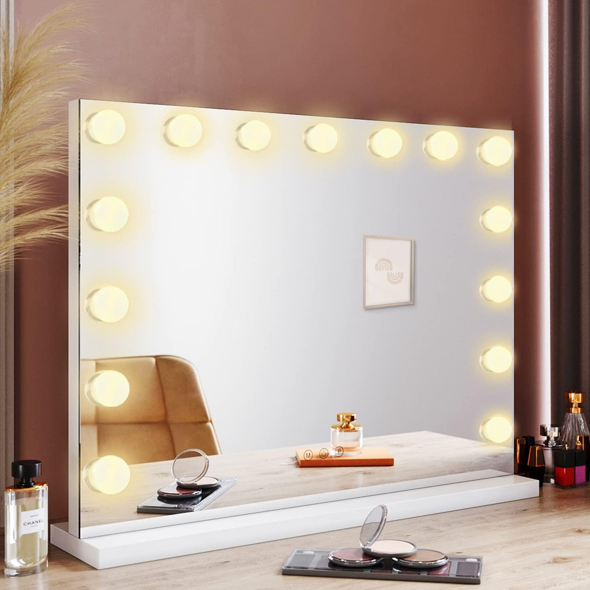 SIRHONA Armoire à Miroir LED Maquillage Lumineux Miroir Maquillage Hollywood avec15 Ampoules 3 Couleurs Lumières Ajustables 58x45.5 cm - SIRHONA