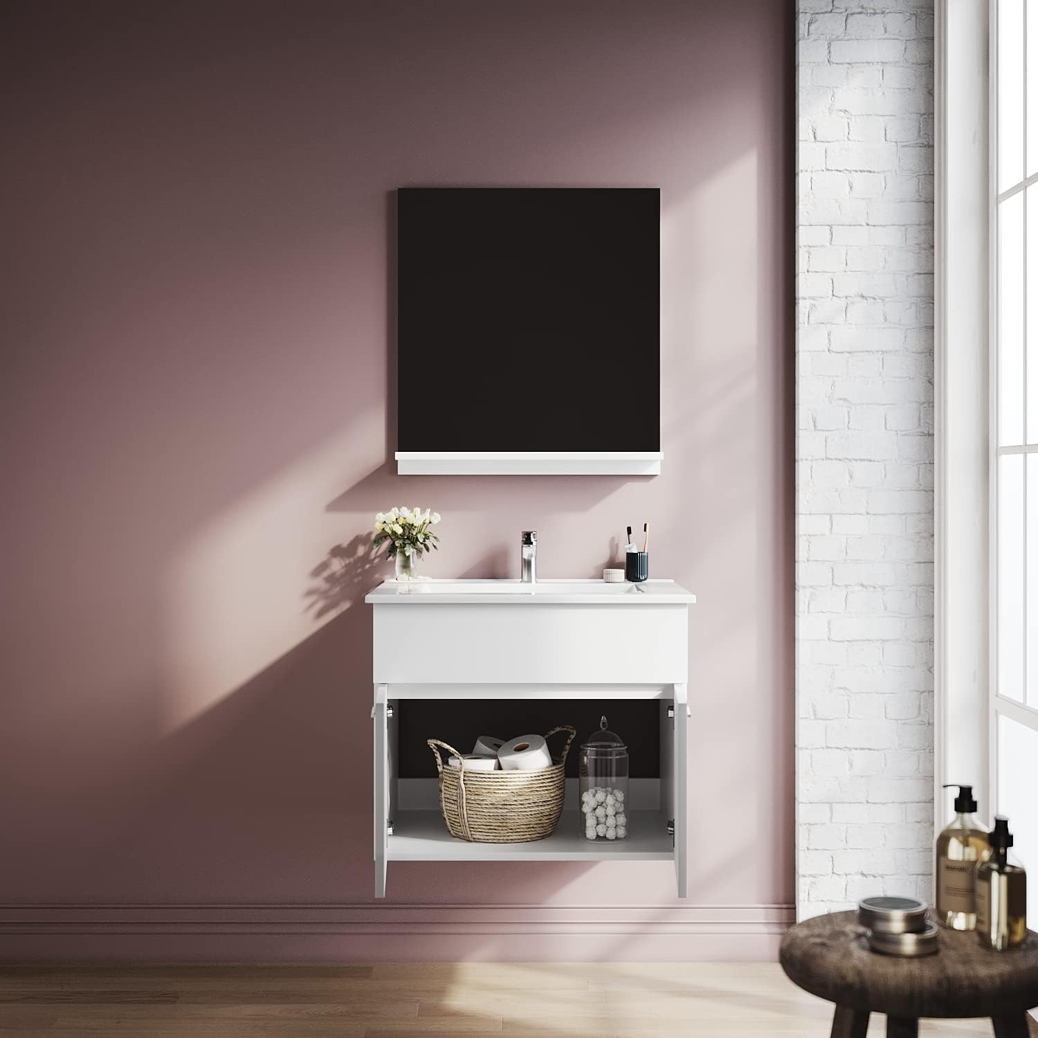 SIRHONA Combinaison meuble-lavabo pour petit espace, ensemble moderne de meubles suspendus avec plan vasque en résine Blanc - SIRHONA