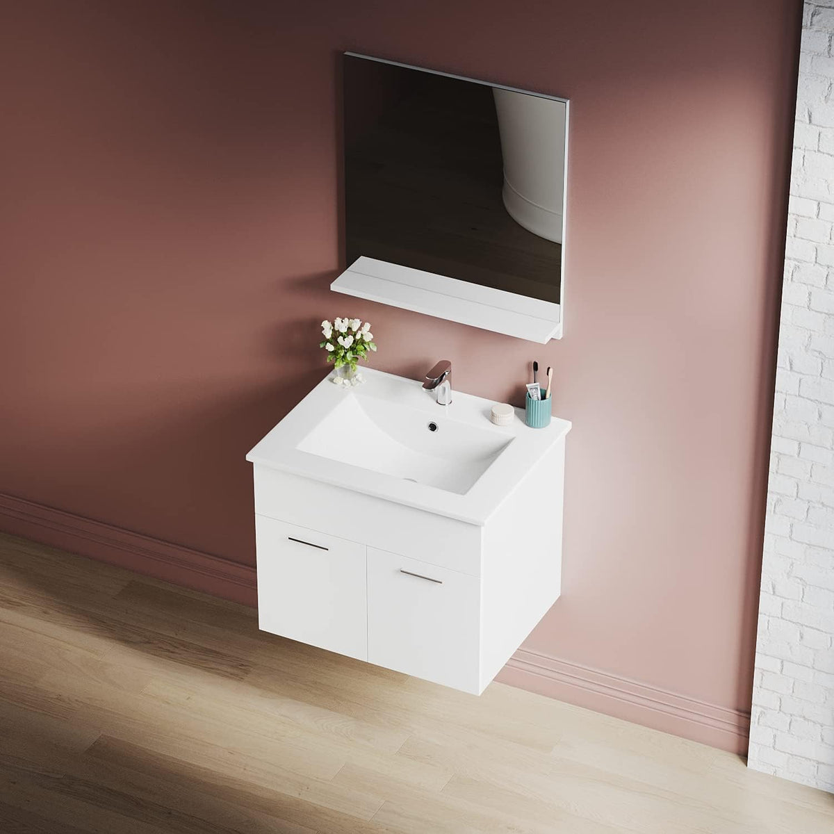 SIRHONA Combinaison meuble-lavabo pour petit espace, ensemble moderne de meubles suspendus avec plan vasque en résine Blanc - SIRHONA