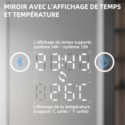 SIRHONA Miroir LED Salle de Bain Bluetooth 120x70cm Miroir Lumineux Salle de Bain avec Eclairage Intégré, Anti-buée, Affichage de L'heure et Température - SIRHONA