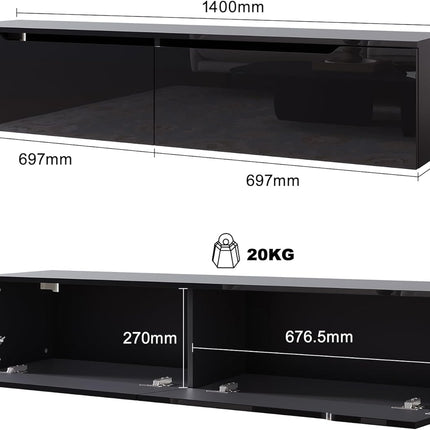 SIRHONA Tableau TV avec éclairage LED Suspendu Noir Brillant 140x35x30 cm - SIRHONA