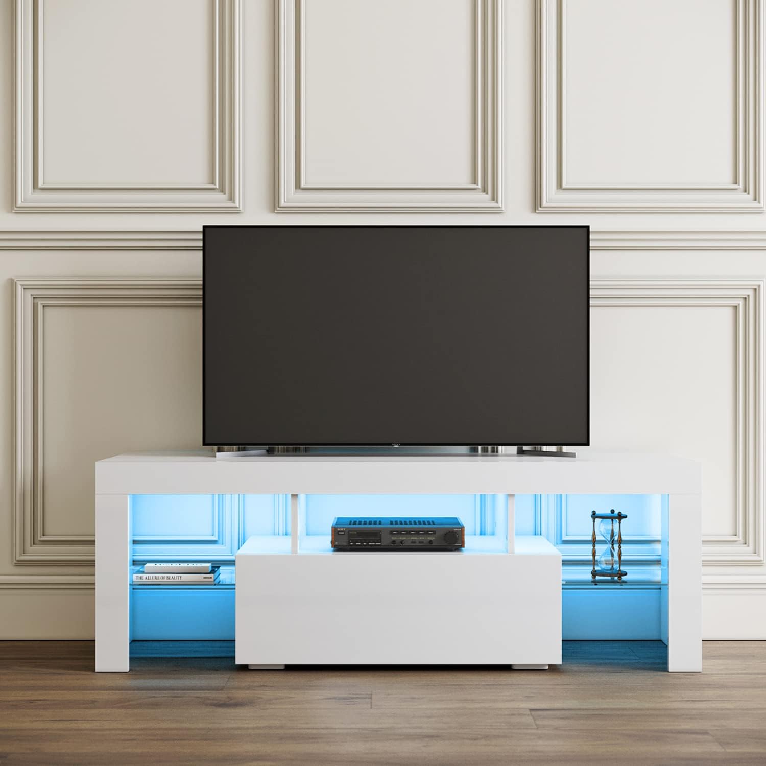 SIRHONA Meuble TV LED Noir, Banc TV 140x35x51cm, Éclairage LED RGB avec Couleur réglable, Capacité de Charge 30 kg, Convient pour Salon ou Chambre - SIRHONA