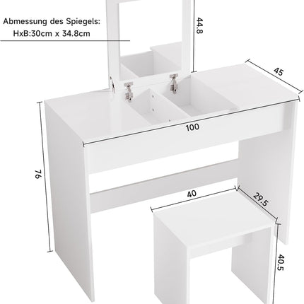 SIRHONA Coiffeuse avec miroir pliable blanche avec tabouret et miroir rabattable 2 en 1 design 2 en 1 100 x 450 x 760 mm - SIRHONA