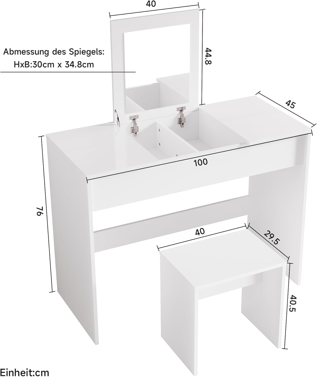 SIRHONA Coiffeuse avec miroir pliable blanche avec tabouret et miroir rabattable 2 en 1 design 2 en 1 100 x 450 x 760 mm - SIRHONA