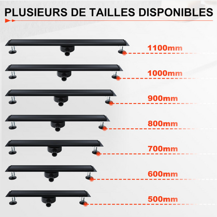 SIRHONA Caniveau Douche Noir Italienne 60~90cm à carreler, Siphon de Sol Douche Modèle 2 en 1, Acier Inoxydable - SIRHONA