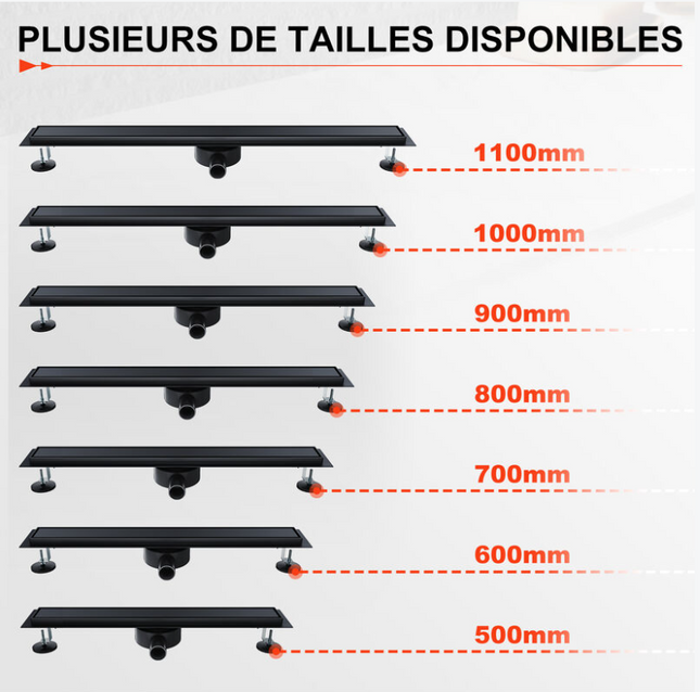 SIRHONA Caniveau Douche Noir Italienne 60~90cm à carreler, Siphon de Sol Douche Modèle 2 en 1, Acier Inoxydable - SIRHONA