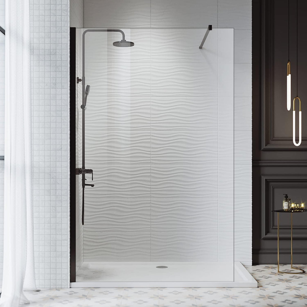 SIRHONA Paroi de Douche Noir 120x200cm, Walk-in Panneau Fixe Noir, Porte de Douche avec Verre Trempé de Sécurité Nano 8 mm, Verre Facile à Nettoyer - SIRHONA