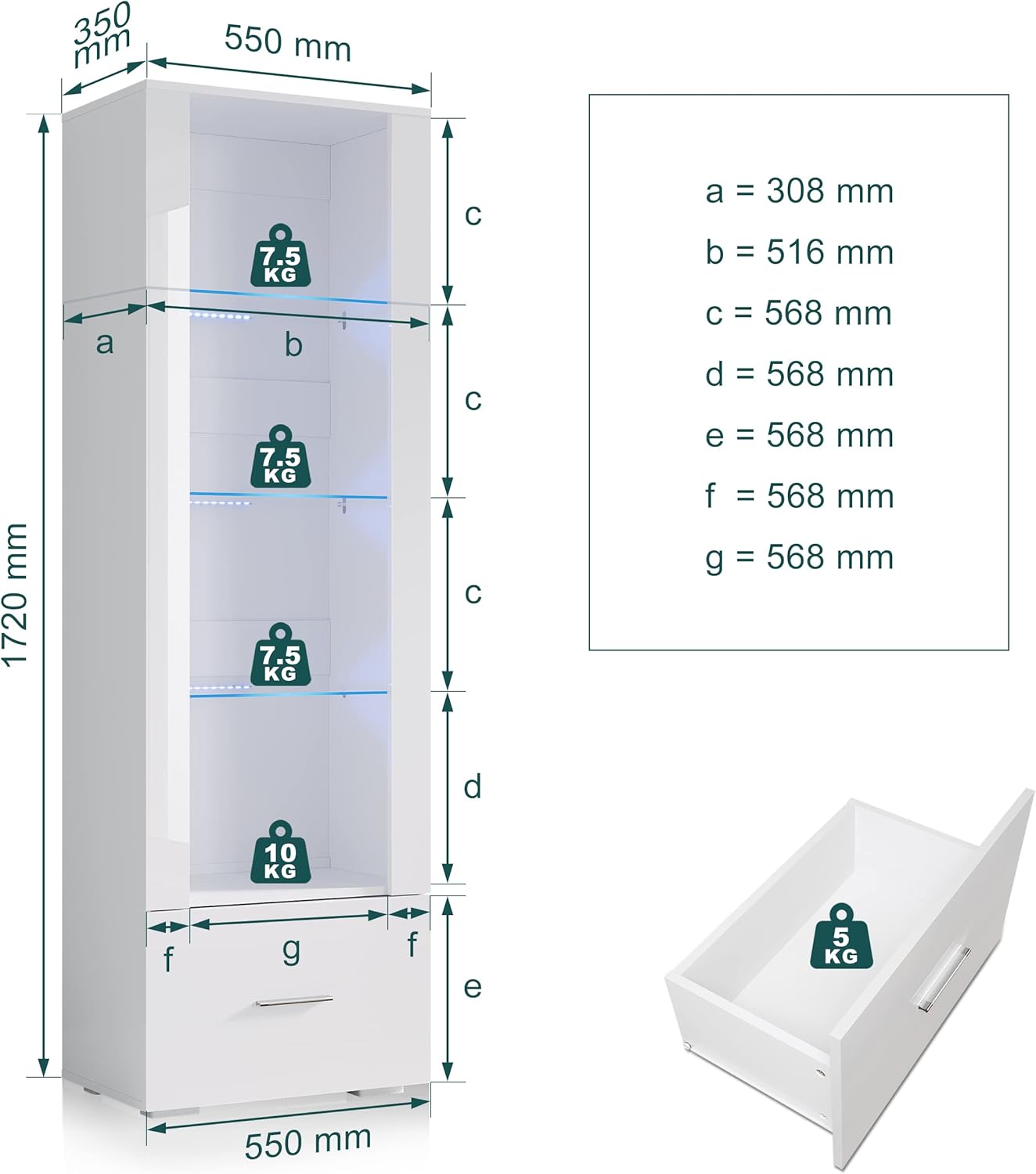 SIRHONA Vitrine en verre avec éclairage LED façade brillante avec 4 étagères et 1 tiroir Vitrine sur pied vitrine de salon 550 x 350 x 1720 mm - SIRHONA