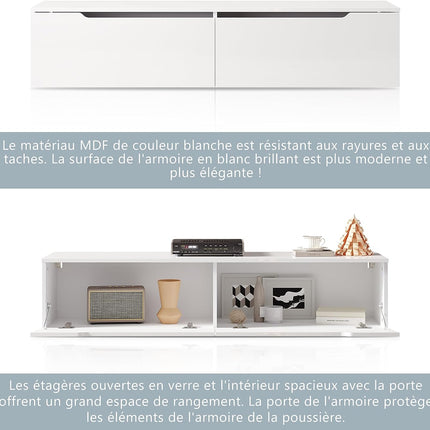 SIRHONA Meuble TV éclairage LED 16 couleurs réglables, plateau TV brillant - SIRHONA