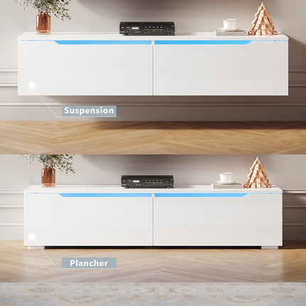 SIRHONA Meuble TV éclairage LED 16 couleurs réglables, plateau TV brillant - SIRHONA