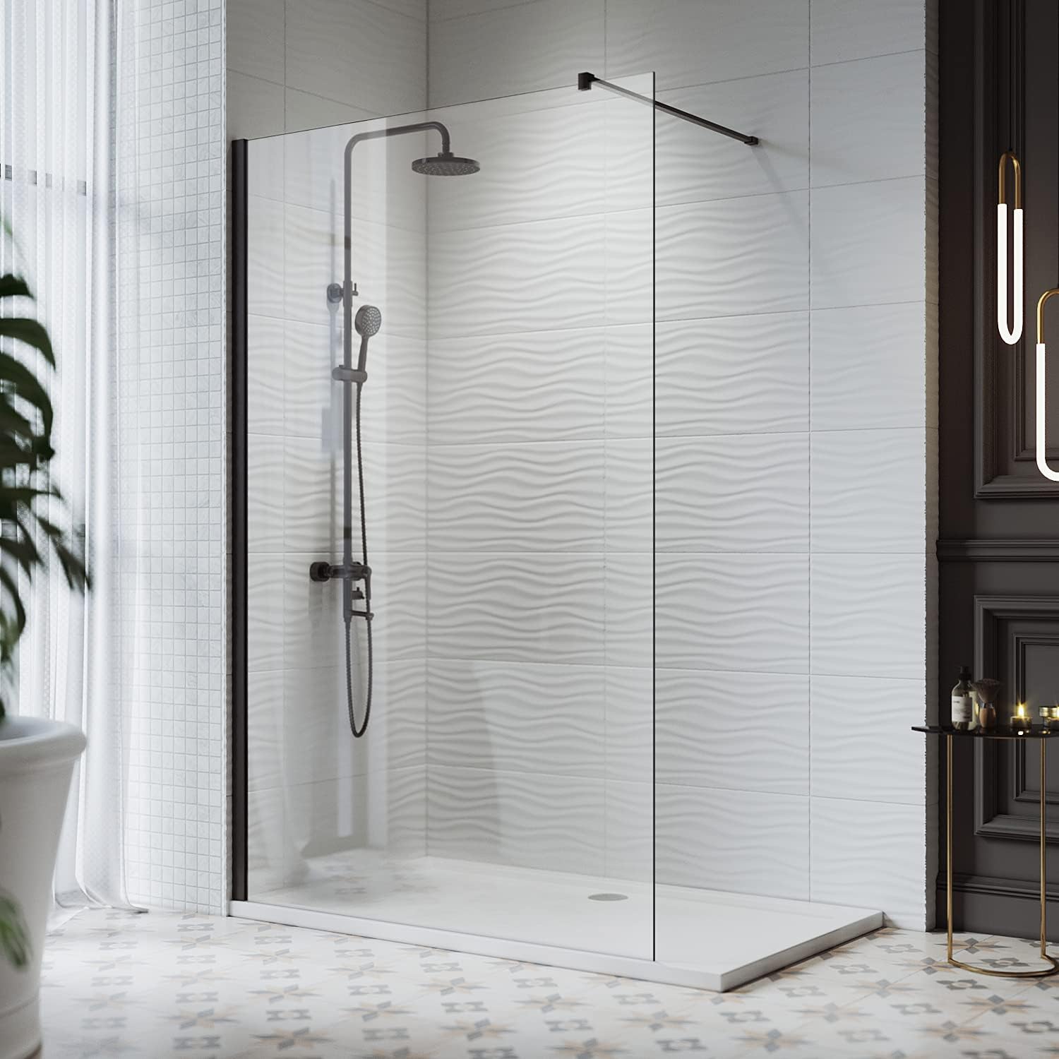 SIRHONA Paroi de Douche Noir 120x200cm, Walk-in Panneau Fixe Noir, Porte de Douche avec Verre Trempé de Sécurité Nano 8 mm, Verre Facile à Nettoyer - SIRHONA