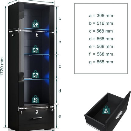 SIRHONA Avec éclairage LED Armoire d'exposition en verre avec tiroirs Façade noire brillante Armoire d'exposition pour collectionneurs 550 x 350 x 1720 mm - SIRHONA