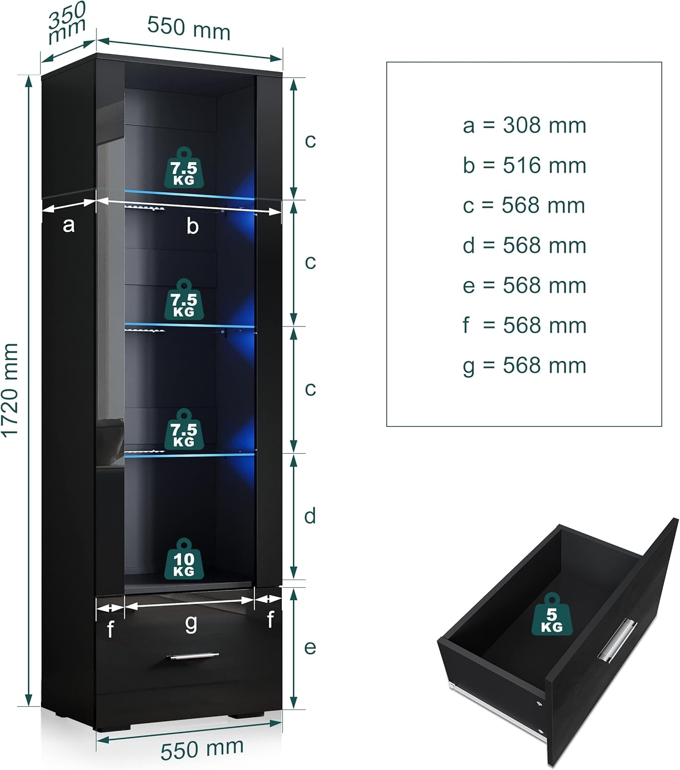 SIRHONA Avec éclairage LED Armoire d'exposition en verre avec tiroirs Façade noire brillante Armoire d'exposition pour collectionneurs 550 x 350 x 1720 mm - SIRHONA