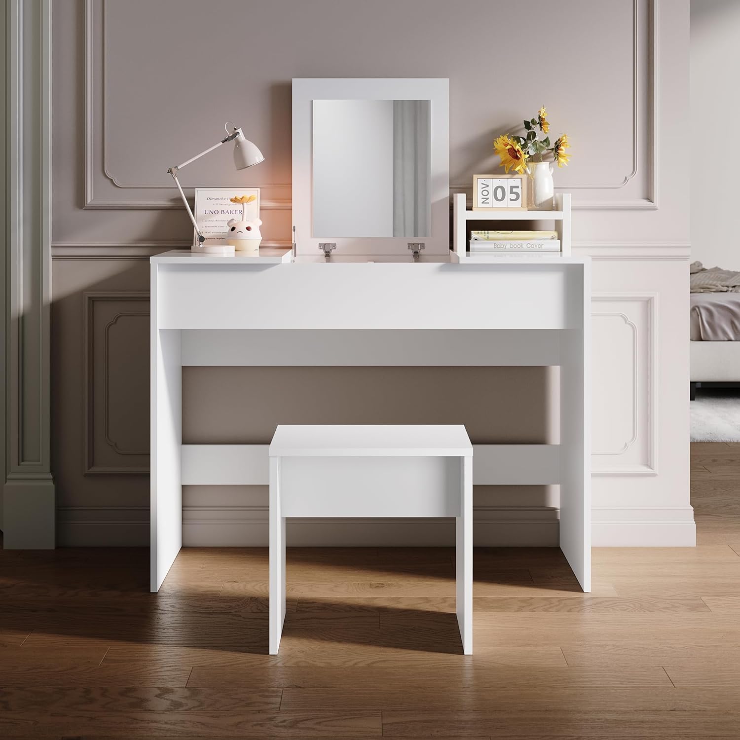 SIRHONA Coiffeuse avec miroir pliable blanche avec tabouret et miroir rabattable 2 en 1 design 2 en 1 100 x 450 x 760 mm - SIRHONA