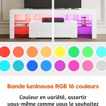 SIRHONA Meuble TV LED Noir, Banc TV 140x35x51cm, Éclairage LED RGB avec Couleur réglable, Capacité de Charge 30 kg, Convient pour Salon ou Chambre - SIRHONA