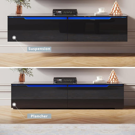 SIRHONA Meuble TV éclairage LED 16 couleurs réglables, plateau TV brillant - SIRHONA