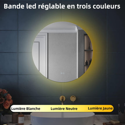 SIRHONA Miroir Rond Salle de Bain LED Miroir Lumineux Salle de Bain avec Eclairage Intégré, 3 températures de Couleur, Anti-buée - SIRHONA