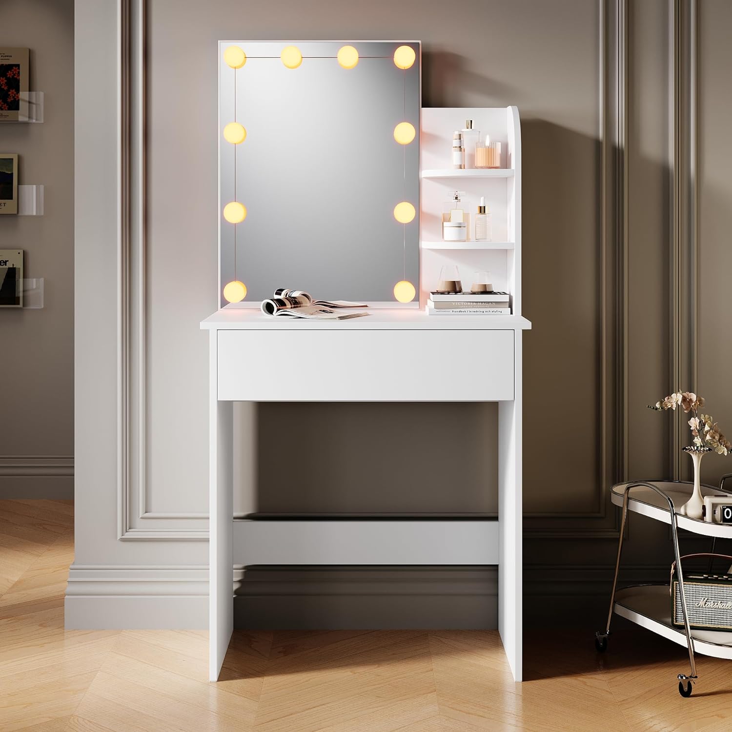 SIRHONA Coiffeuse avec Miroir, 10 Ampoules LED à intensité Variable, Coiffeuse de Bureau en Bois Massif, Montage Facile, Style Moderne - SIRHONA