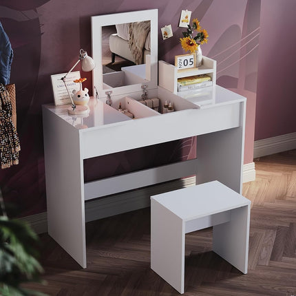 SIRHONA Coiffeuse avec miroir pliable blanche avec tabouret et miroir rabattable 2 en 1 design 2 en 1 100 x 450 x 760 mm - SIRHONA