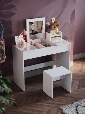 SIRHONA Coiffeuse avec miroir pliable blanche avec tabouret et miroir rabattable 2 en 1 design 2 en 1 100 x 450 x 760 mm - SIRHONA