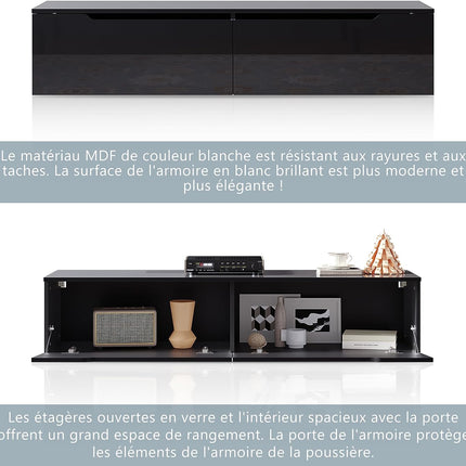 SIRHONA Meuble TV éclairage LED 16 couleurs réglables, plateau TV brillant - SIRHONA