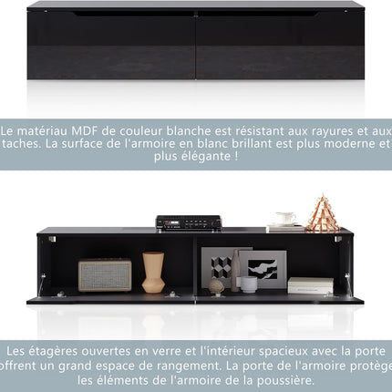 SIRHONA Tableau TV avec éclairage LED Suspendu Noir Brillant 140x35x30 cm - SIRHONA