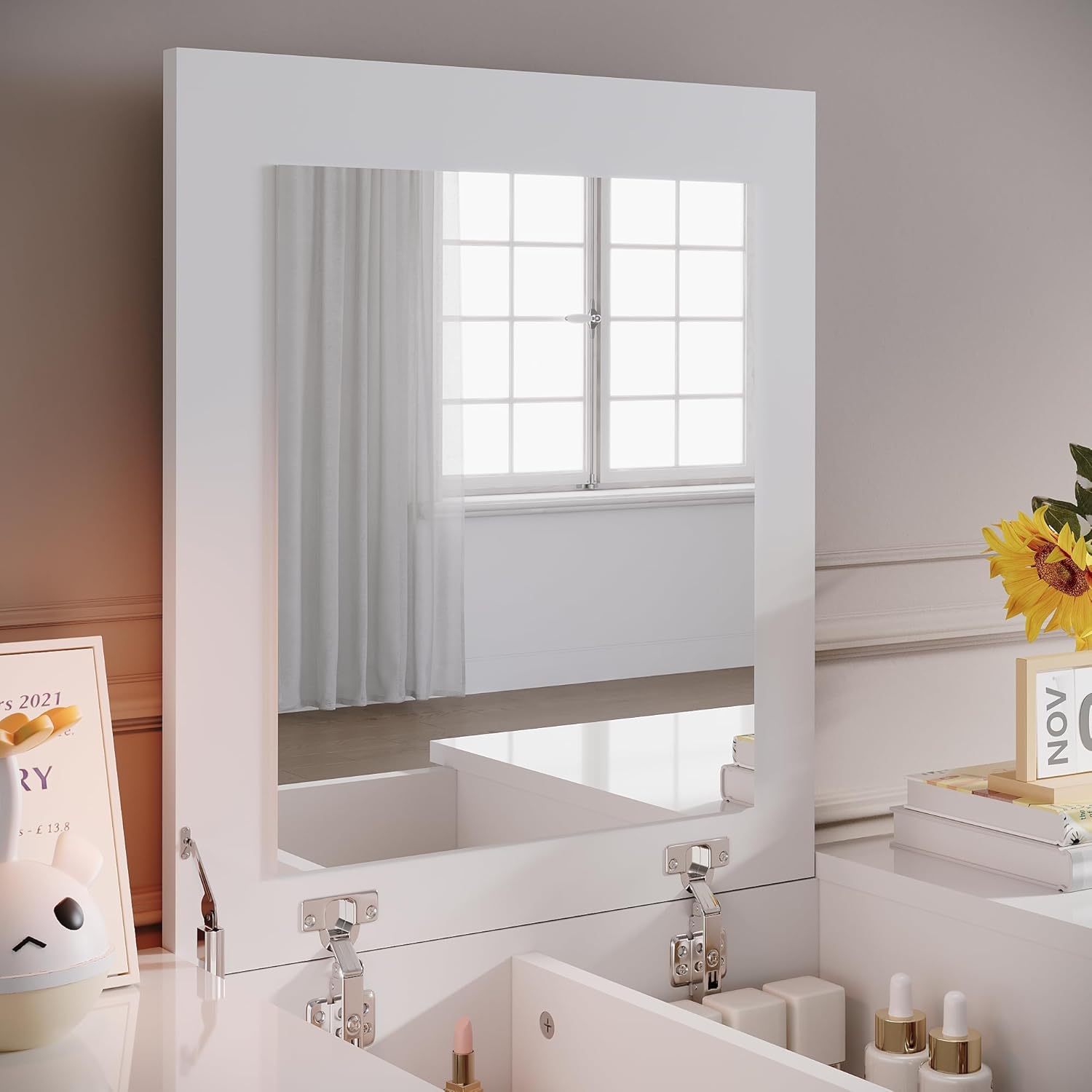 SIRHONA Coiffeuse avec miroir pliable blanche avec tabouret et miroir rabattable 2 en 1 design 2 en 1 100 x 450 x 760 mm - SIRHONA