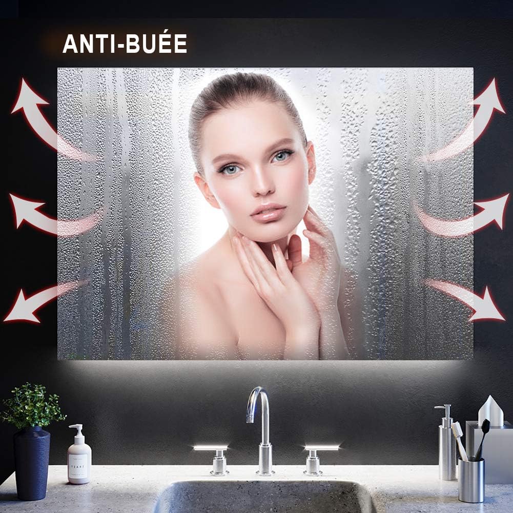 SIRHONA 70x50cm, 80x50cm Miroir à LED Miroir de Salle de Bains avec éclairage Anti-buée Mirror Murale avec Interrupteur Tactile - SIRHONA