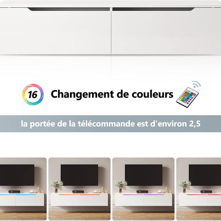 SIRHONA Meuble TV éclairage LED 16 couleurs réglables, plateau TV brillant - SIRHONA