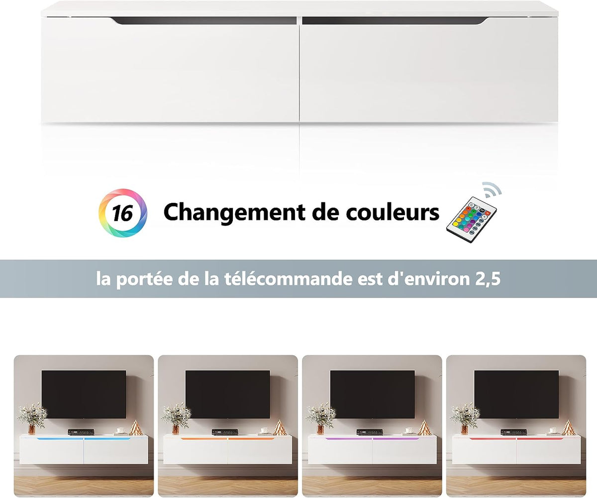 SIRHONA Meuble TV éclairage LED 16 couleurs réglables, plateau TV brillant - SIRHONA