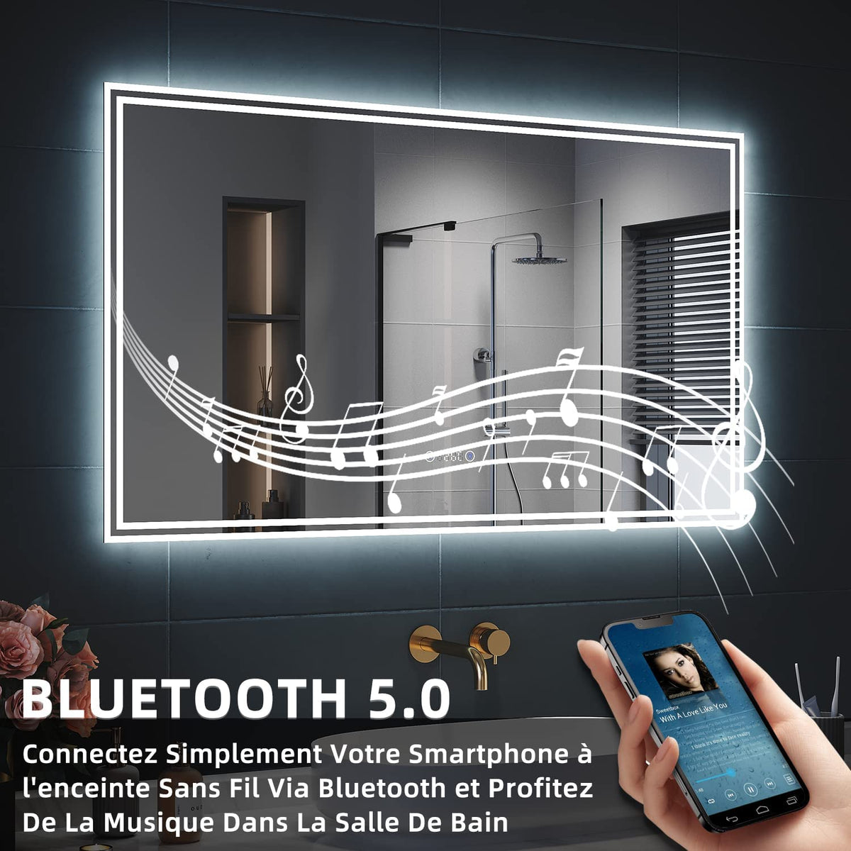 SIRHONA Miroir LED Salle de Bain Bluetooth 120x70cm Miroir Lumineux Salle de Bain avec Eclairage Intégré, Anti-buée, Affichage de L'heure et Température - SIRHONA