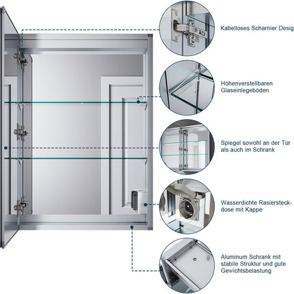 SIRHONA Armoire de salle de bain LED avec éclairage 50 × 70 cm En aluminium anti-buée Charnière sans fil Avec miroir et prise IP44 Waterciht - SIRHONA