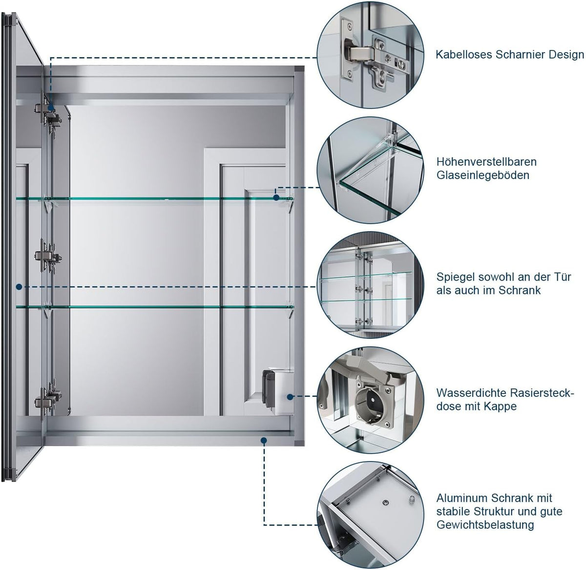 SIRHONA Armoire de salle de bain LED avec éclairage 50 × 70 cm En aluminium anti-buée Charnière sans fil Avec miroir et prise IP44 Waterciht - SIRHONA