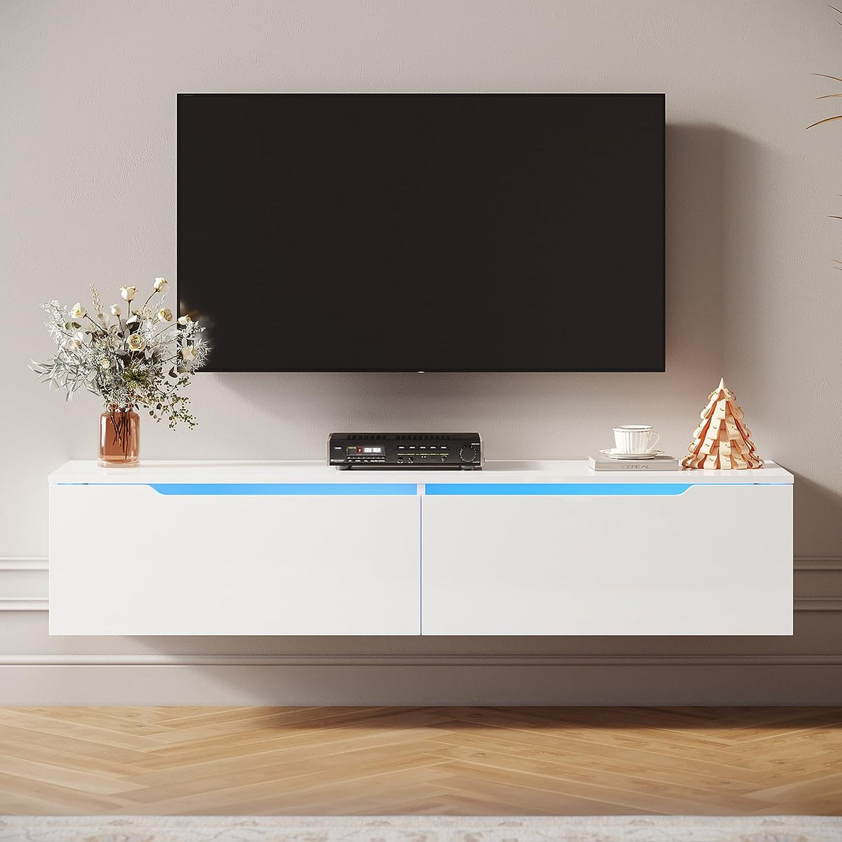 SIRHONA Meuble TV LED Blanc, Banc TV 130x35x45cm, Éclairage LED RGB avec  Couleur réglable, Capacité de Charge 30 kg, Convient pour Salon ou Chambre