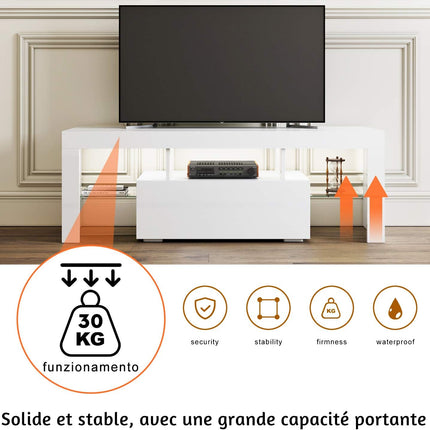 SIRHONA Meuble TV LED Noir, Banc TV 140x35x51cm, Éclairage LED RGB avec Couleur réglable, Capacité de Charge 30 kg, Convient pour Salon ou Chambre - SIRHONA