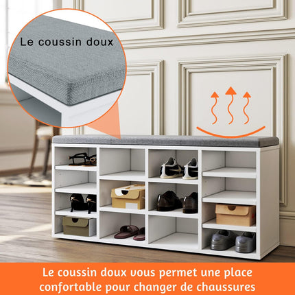 SIRHONA Armoire à Chaussures Blanc avec Coussin de Siège，Meuble à Chaussures Entrée - SIRHONA