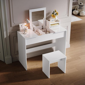 SIRHONA Coiffeuse avec miroir pliable blanche avec tabouret et miroir rabattable 2 en 1 design 2 en 1 100 x 450 x 760 mm - SIRHONA