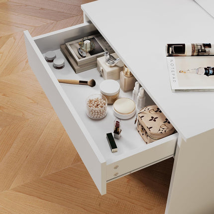 SIRHONA Coiffeuse avec Miroir, 10 Ampoules LED à intensité Variable, Coiffeuse de Bureau en Bois Massif, Montage Facile, Style Moderne - SIRHONA