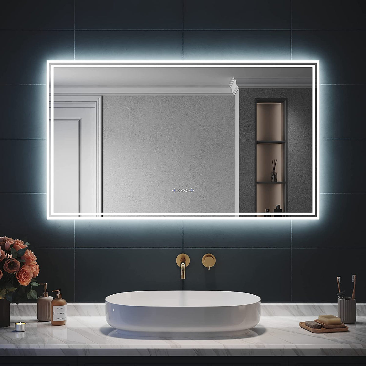 SIRHONA Miroir LED Salle de Bain Bluetooth 120x70cm Miroir Lumineux Salle de Bain avec Eclairage Intégré, Anti-buée, Affichage de L'heure et Température - SIRHONA