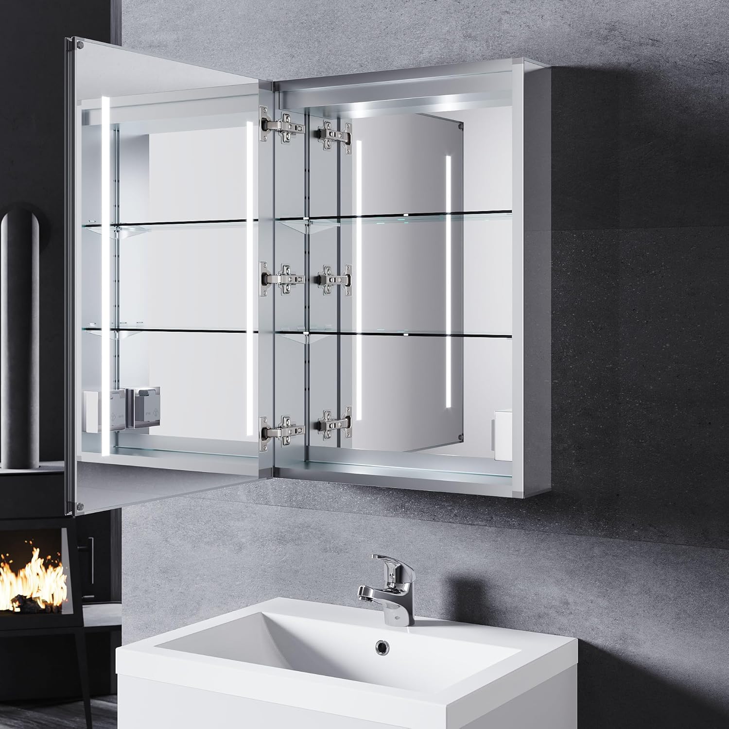 SIRHONA Armoire de salle de bain LED avec éclairage 50 × 70 cm En aluminium anti-buée Charnière sans fil Avec miroir et prise IP44 Waterciht - SIRHONA