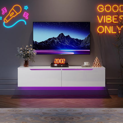 SIRHONA Meuble TV éclairage LED 16 couleurs réglables, plateau TV brillant - SIRHONA