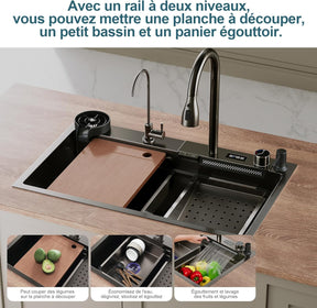 SIRHONA 1 Bac Évier de Cuisine Noir Multifonctionnel à Encastrer Avec Robinet de Poisson Volant Rétractable & Affichage de la Température 80x45cm - SIRHONA