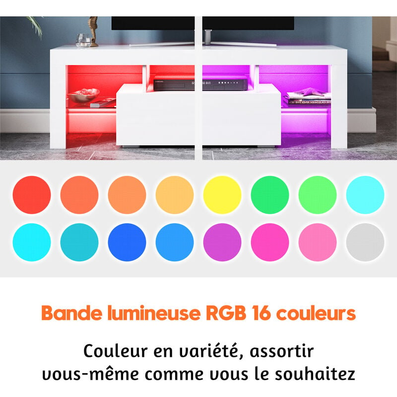 Meuble TV Bas - Lumière LED Réglable avec Télécommande  Grande Capacité SIRHONA Blanc 130x35x45 cm - SIRHONA