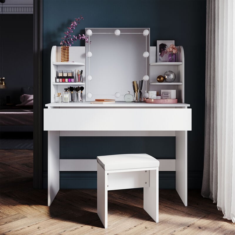 Coiffeuse - avec miroir et tabouret - 74x143cm - blanc Coiffeuse - avec miroir et tabouret - 74x143cm - blanc